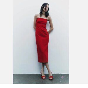 Zara strapless midi dress with a slit Bright Red